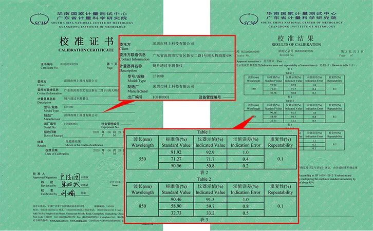 鏡片透過率測量儀校準(zhǔn)證書